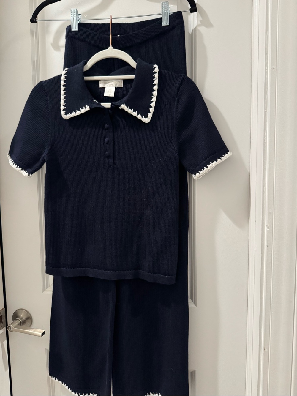 Navy Knit Two-Piece Set with White Trim - Polo Collar
